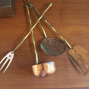 Antique vintage real copper and real brass kitchen utensils set of four